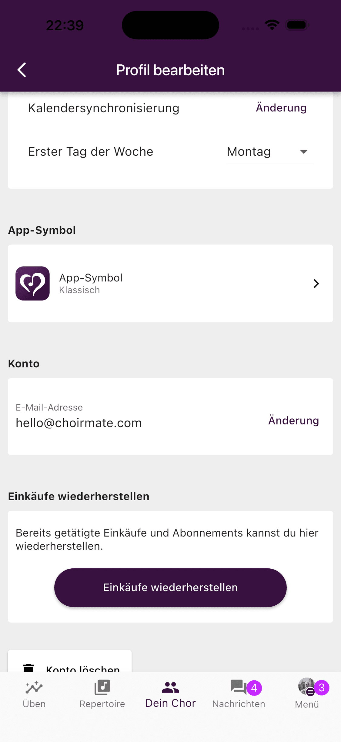 Die Schaltfläche Konto löschen am Ende der Profileinstellungen in der ChoirMate-App