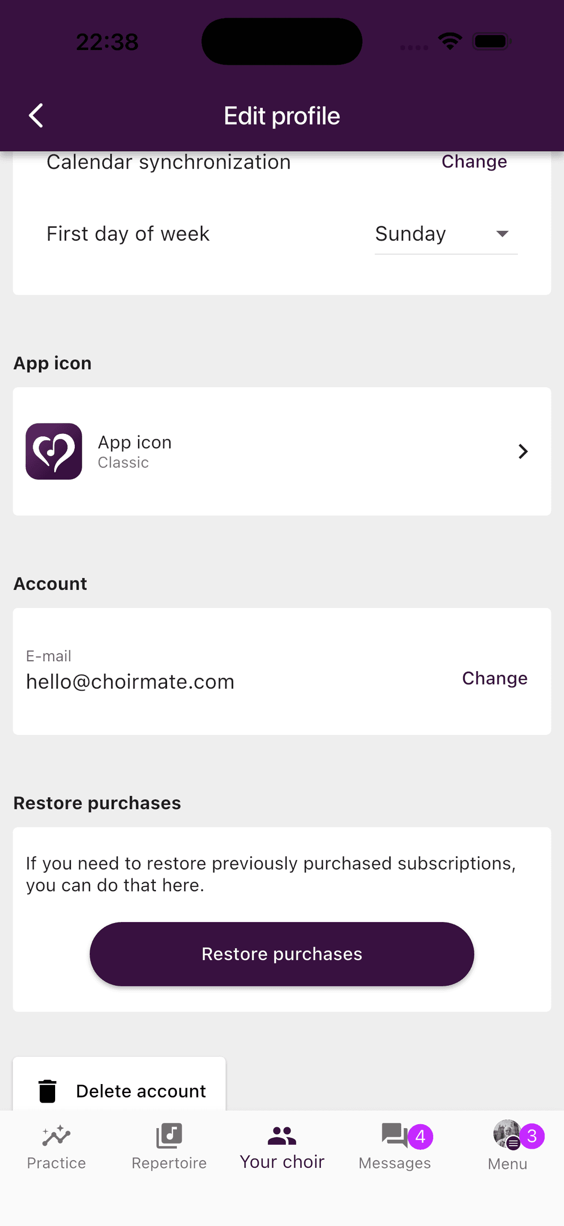 The Delete account button at the bottom of profile settings in the ChoirMate app