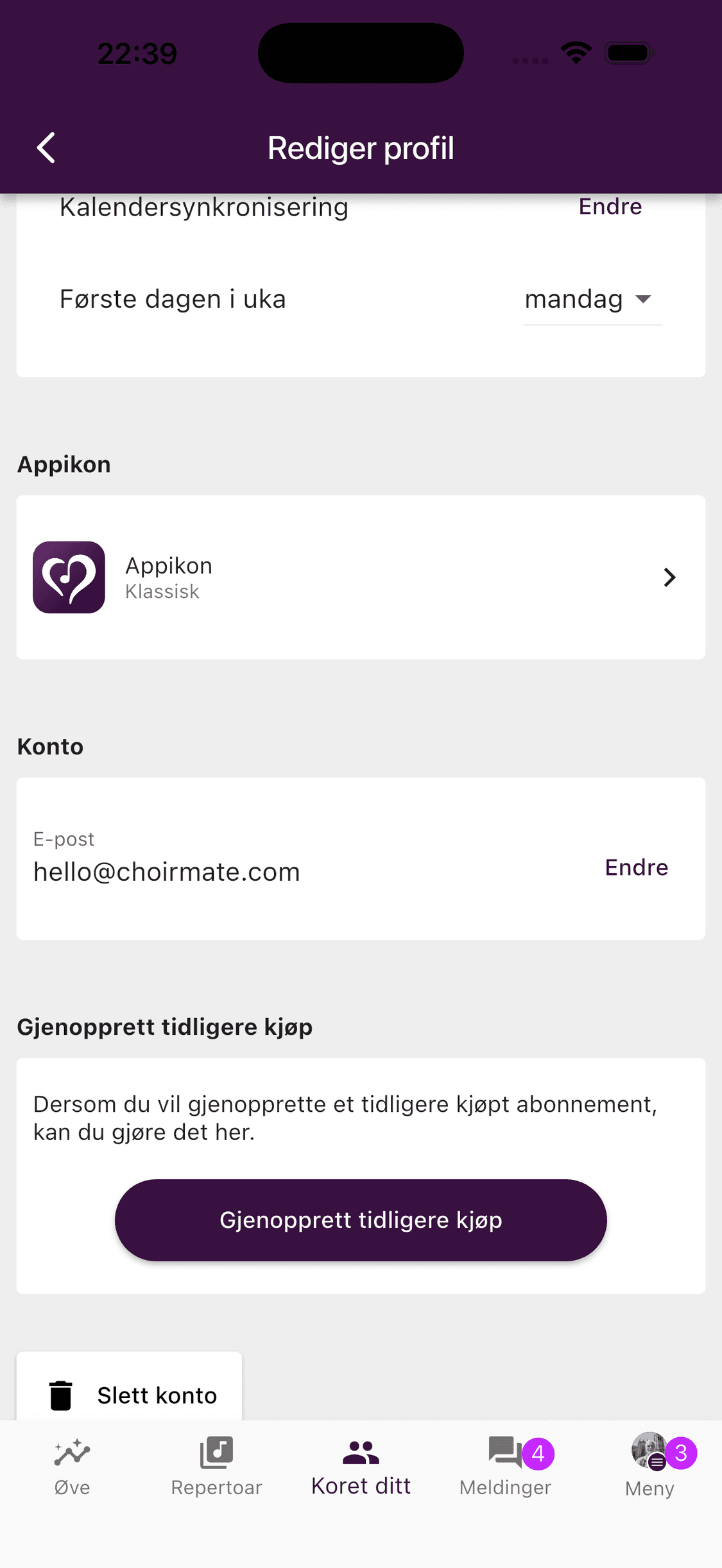 Knappen Slett konto nederst i profilinnstillingene i ChoirMate-appen