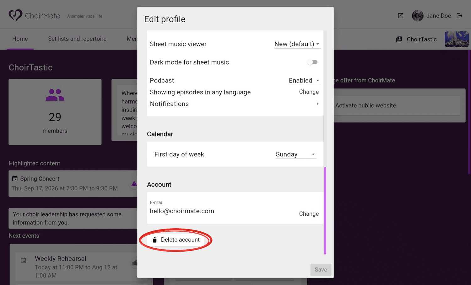 The Delete account button in the ChoirMate web profile dialog
