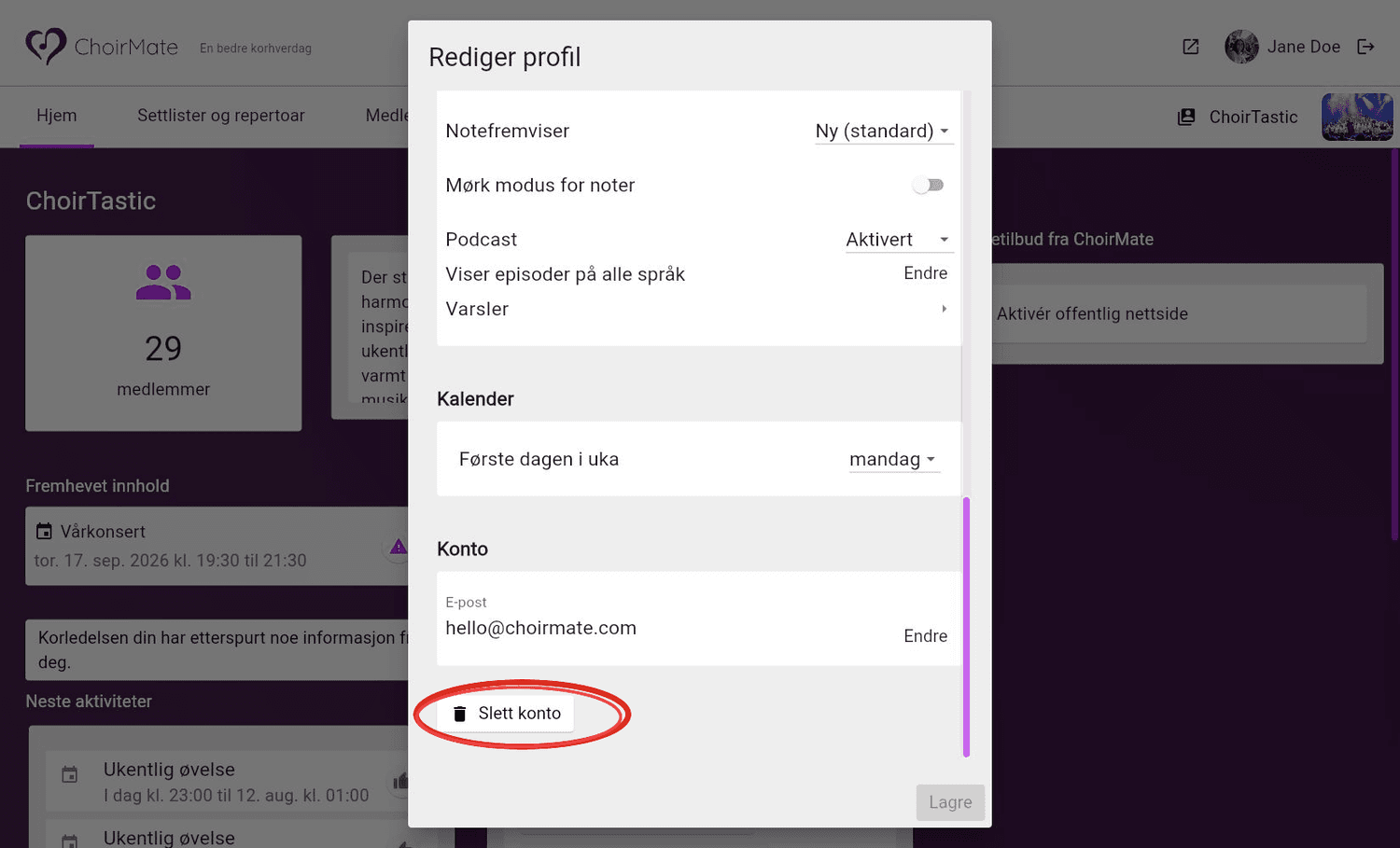 Knappen Slett konto i profildialogen på ChoirMate web
