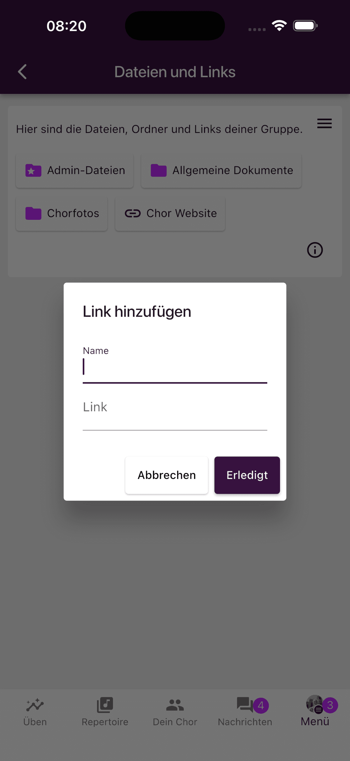 Felder Name und Link für eine gespeicherte Verknüpfung in ChoirMate