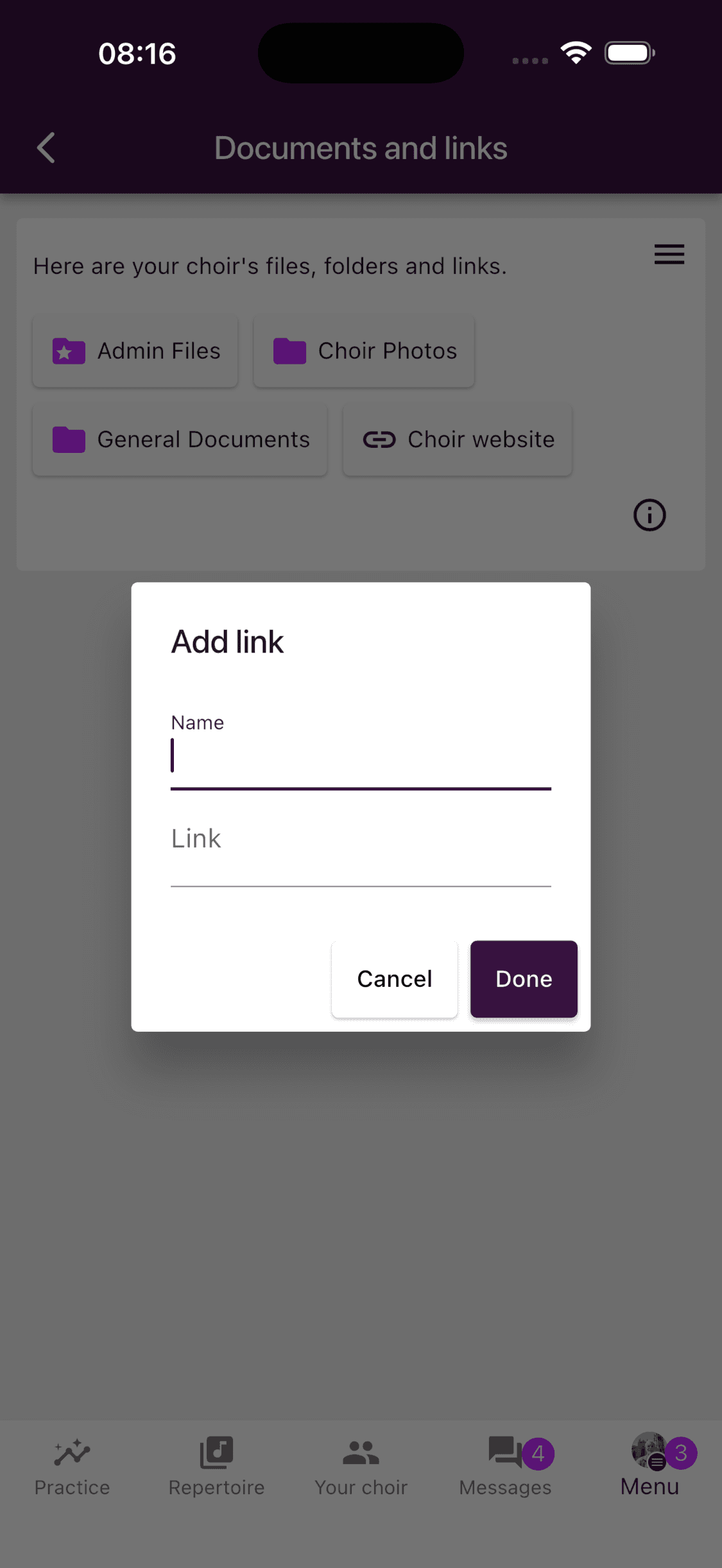 Name and Link fields for a saved link in ChoirMate