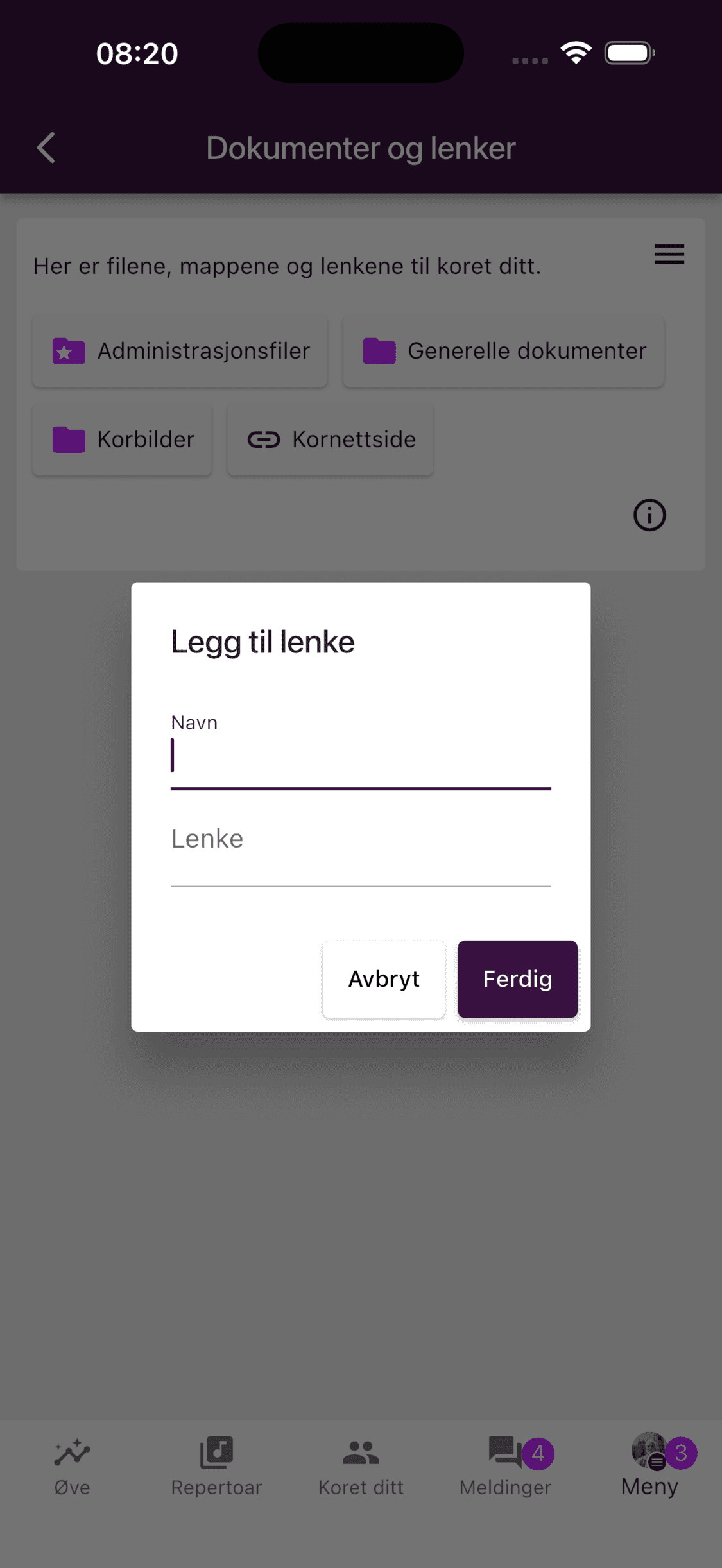Feltene Navn og Lenke for en lagret lenke i ChoirMate