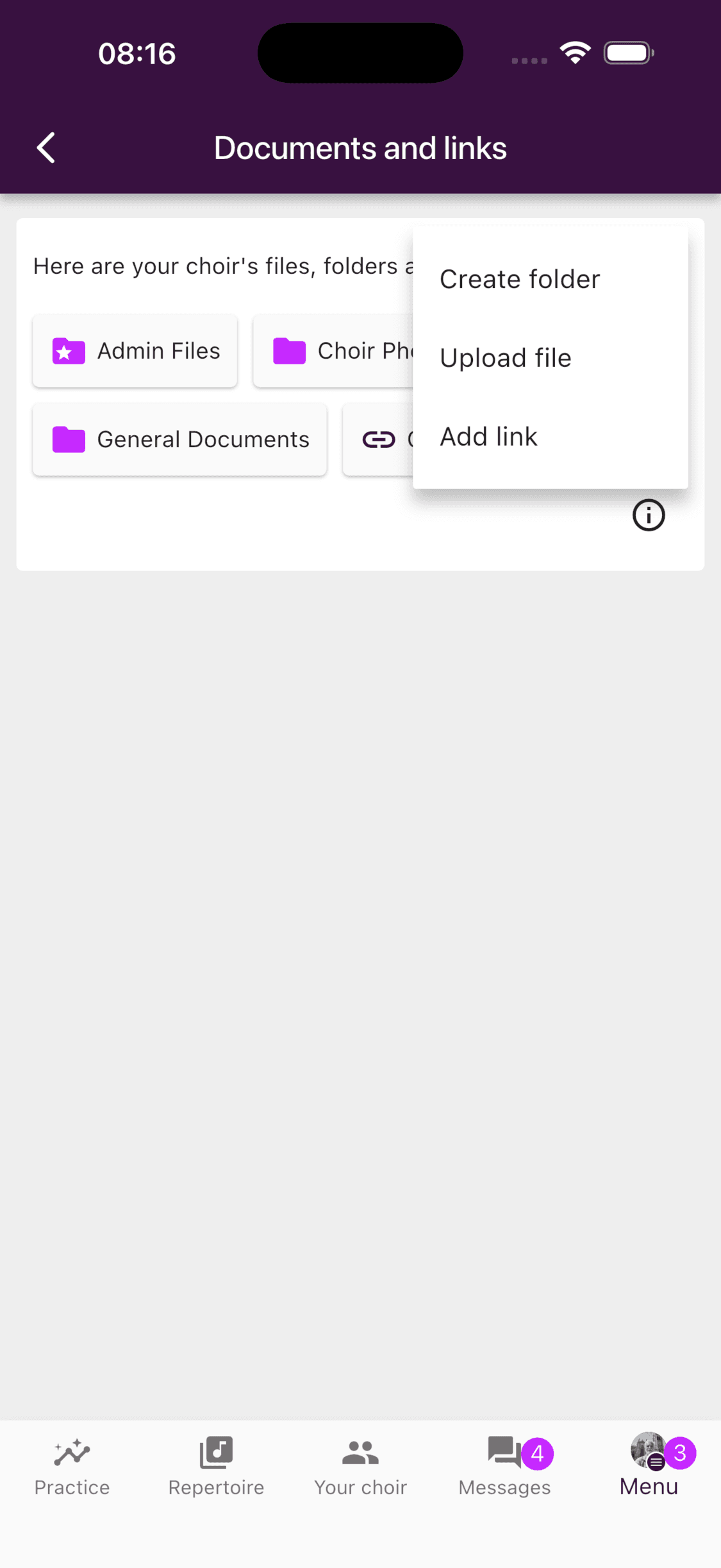 Create folder, Upload file, and Add link actions in the mobile app