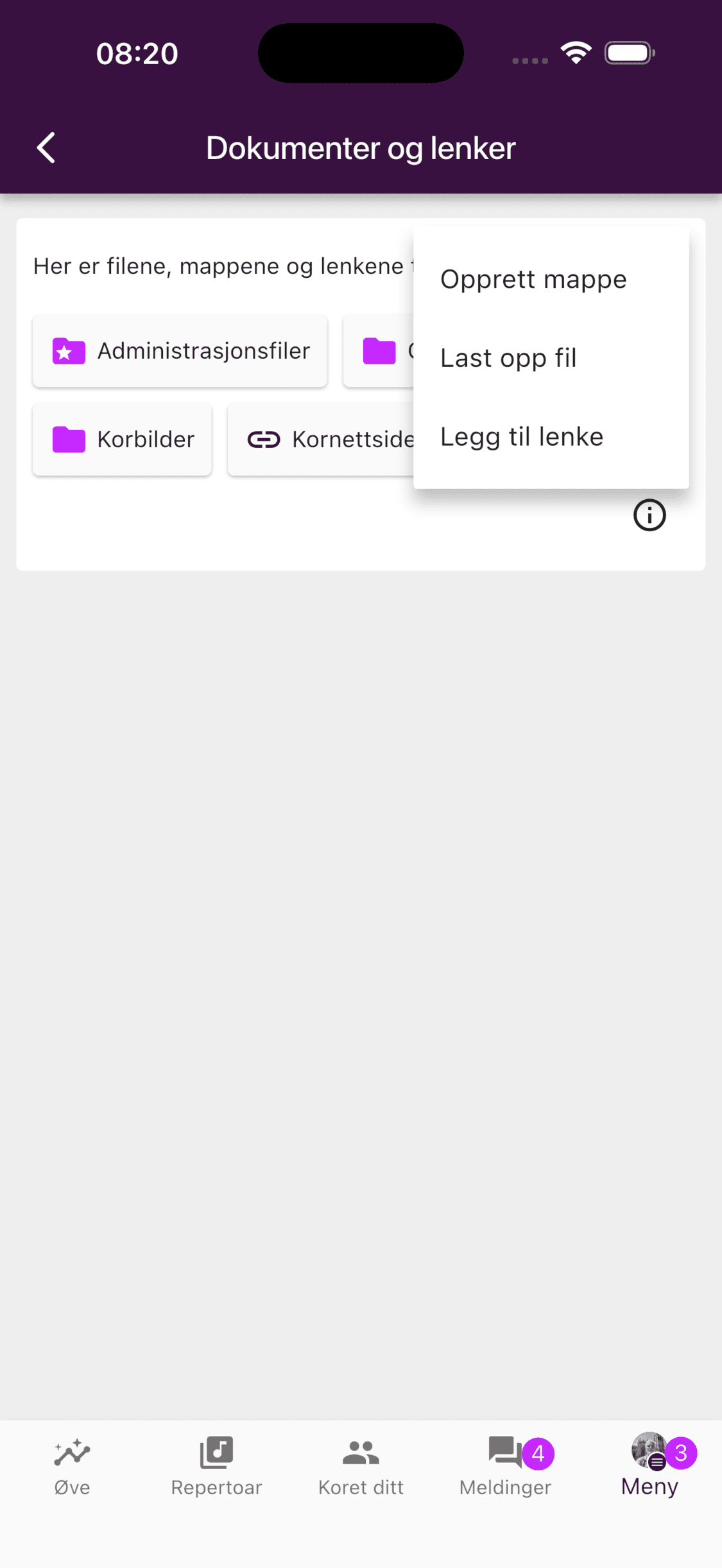 Valgene Opprett mappe, Last opp fil og Legg til lenke i mobilappen