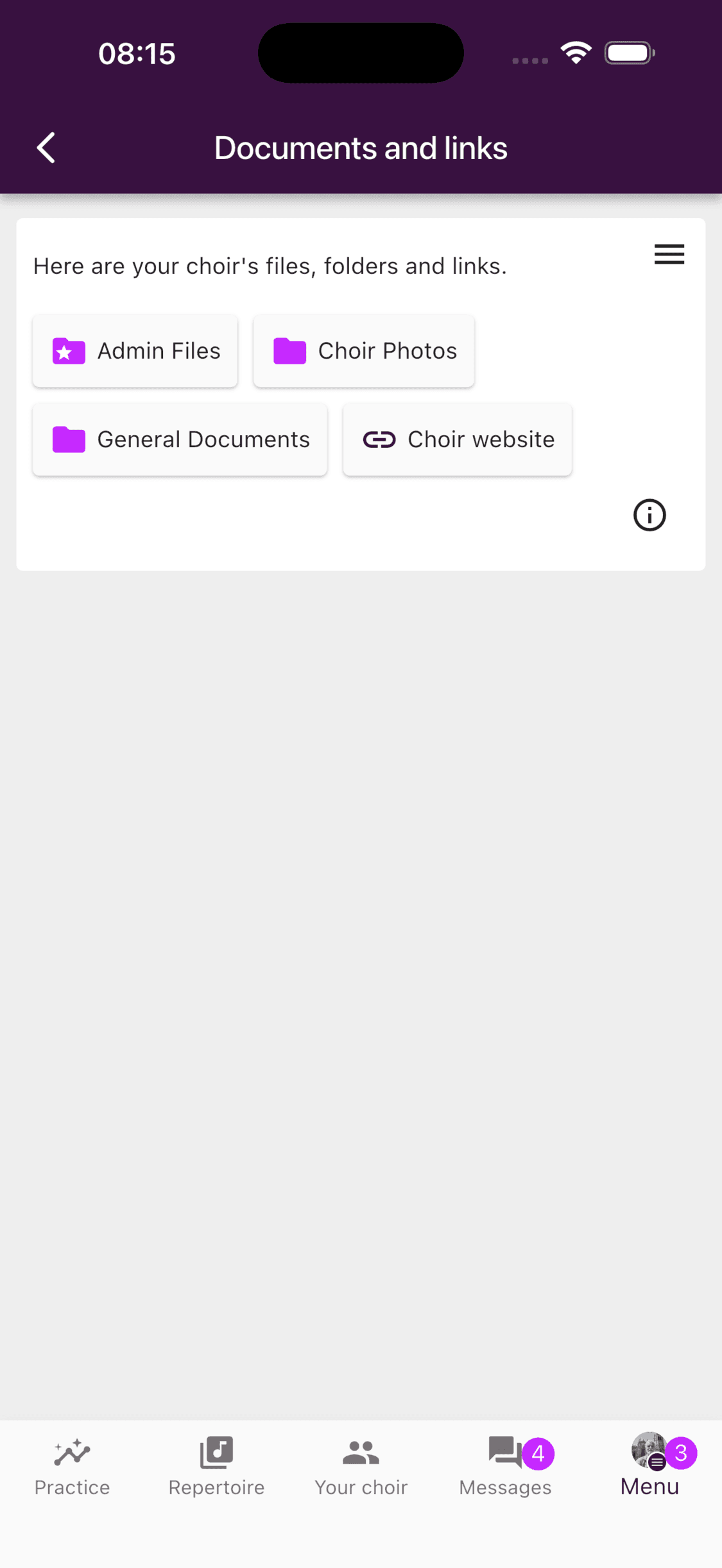Documents and links in the ChoirMate mobile app