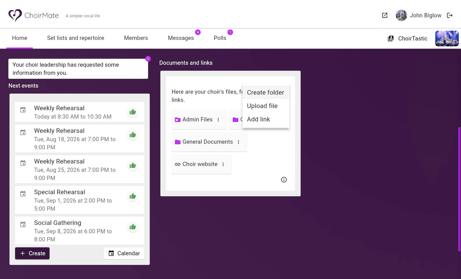 Create folder, Upload file, and Add link actions on the web