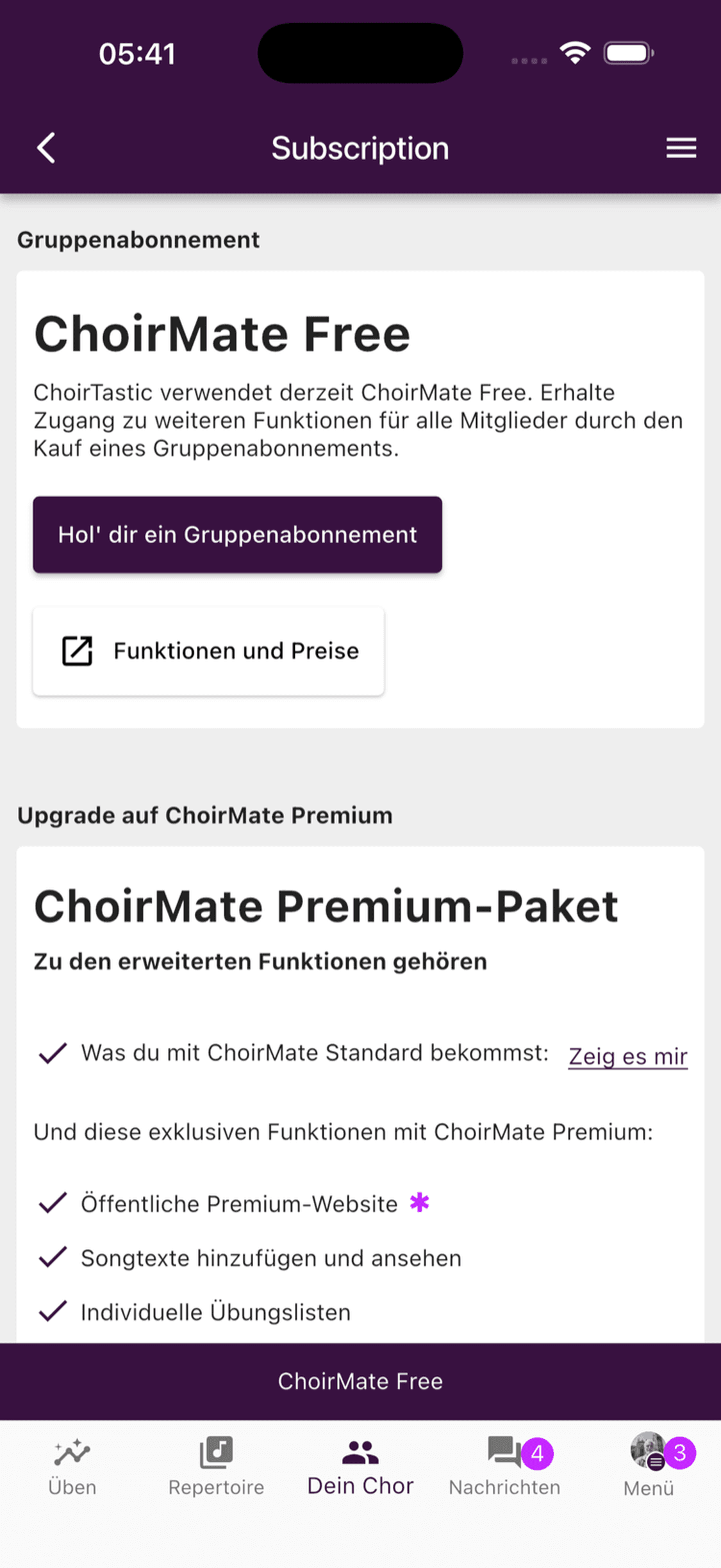 Die Seite für das Gruppenabonnement eines Chors mit ChoirMate Free