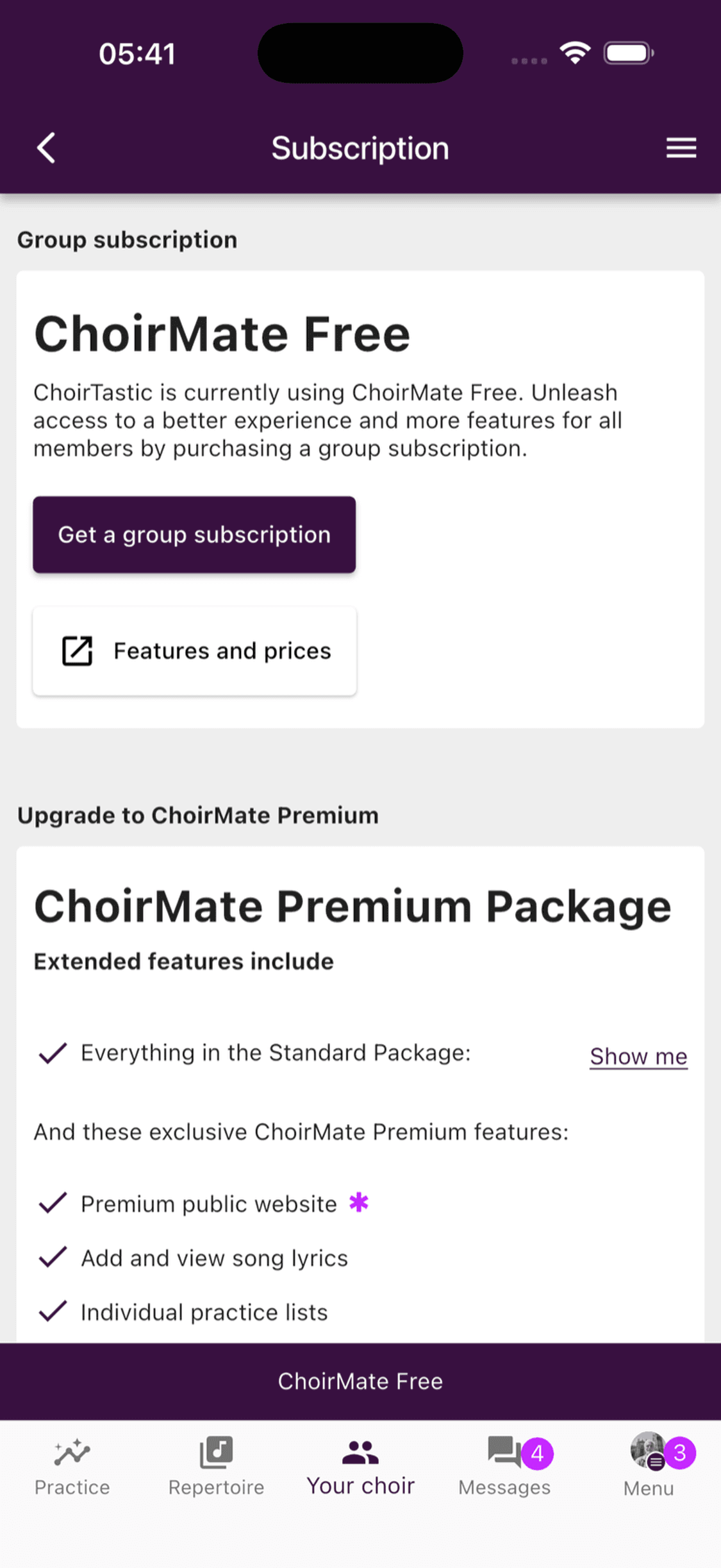 The group subscription page for a choir using ChoirMate Free