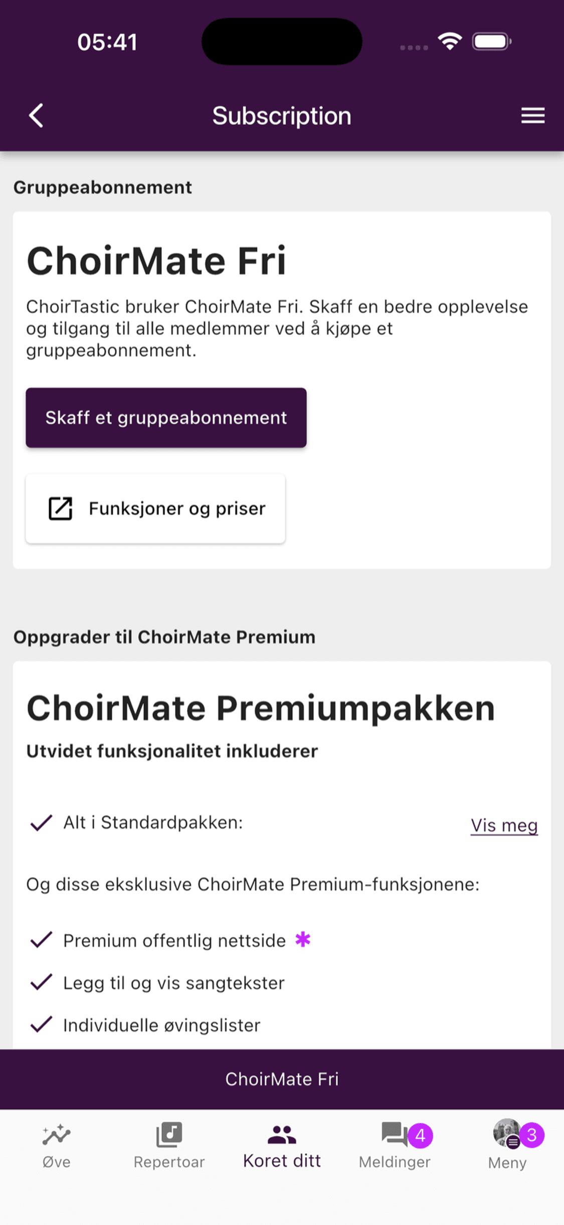 Siden for gruppeabonnement for et kor som bruker ChoirMate Fri