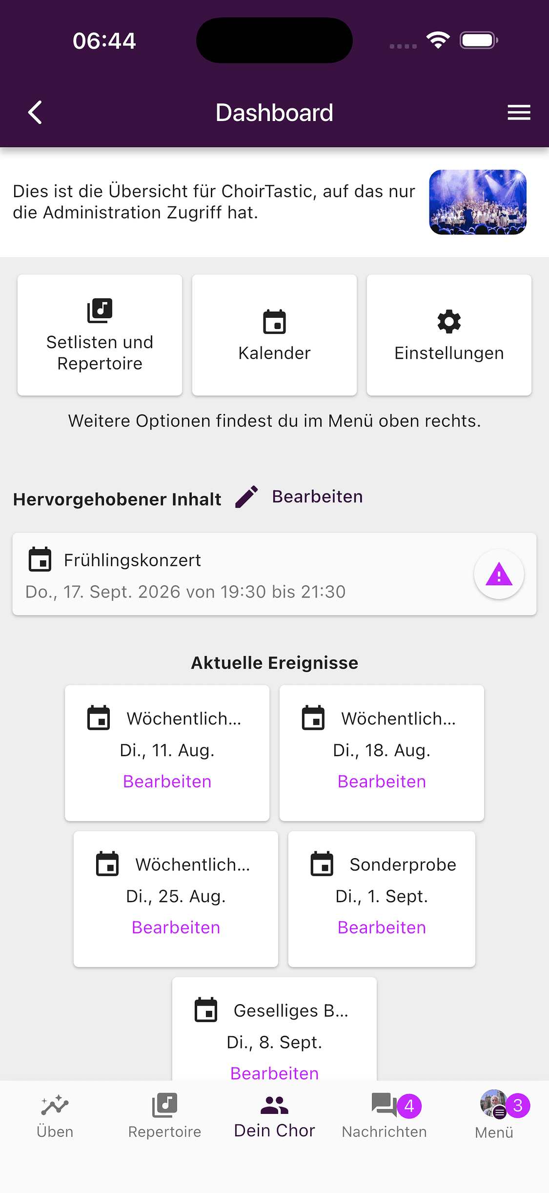 Hervorgehobene Inhalte in der Administrationsübersicht des Chors
