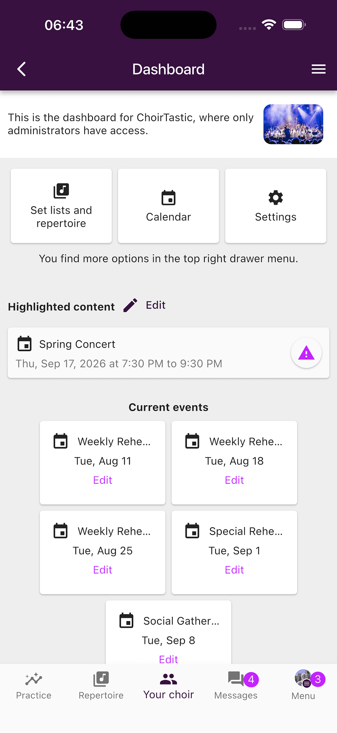Highlighted content on the choir administration dashboard