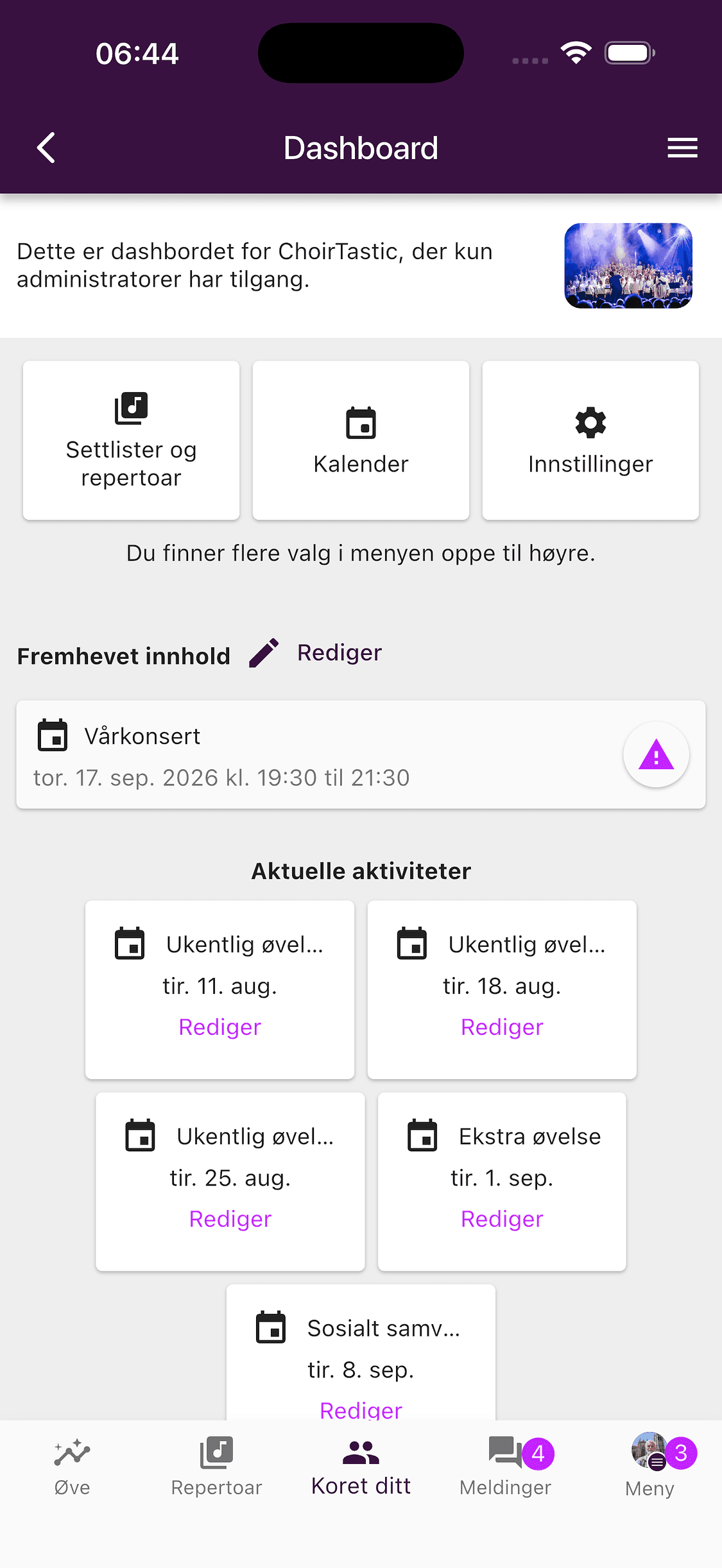 Fremhevet innhold i korets administrasjonsoversikt