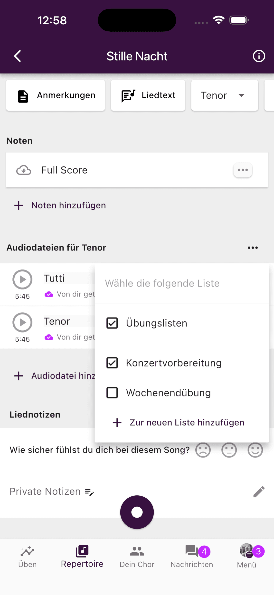 Persönliche Übungslisten für eine Aufnahme in der ChoirMate-App auswählen