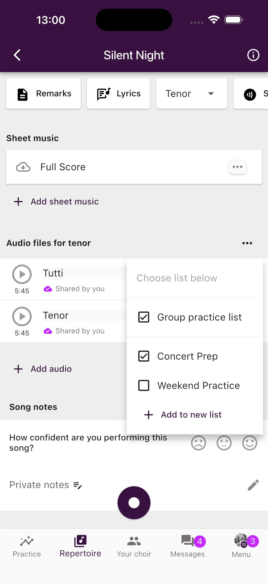 Choosing personal practice lists for a recording in the ChoirMate app