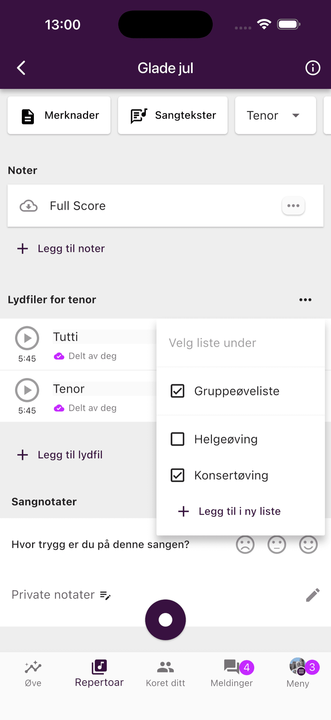 Velge personlige øvelister for et opptak i ChoirMate-appen