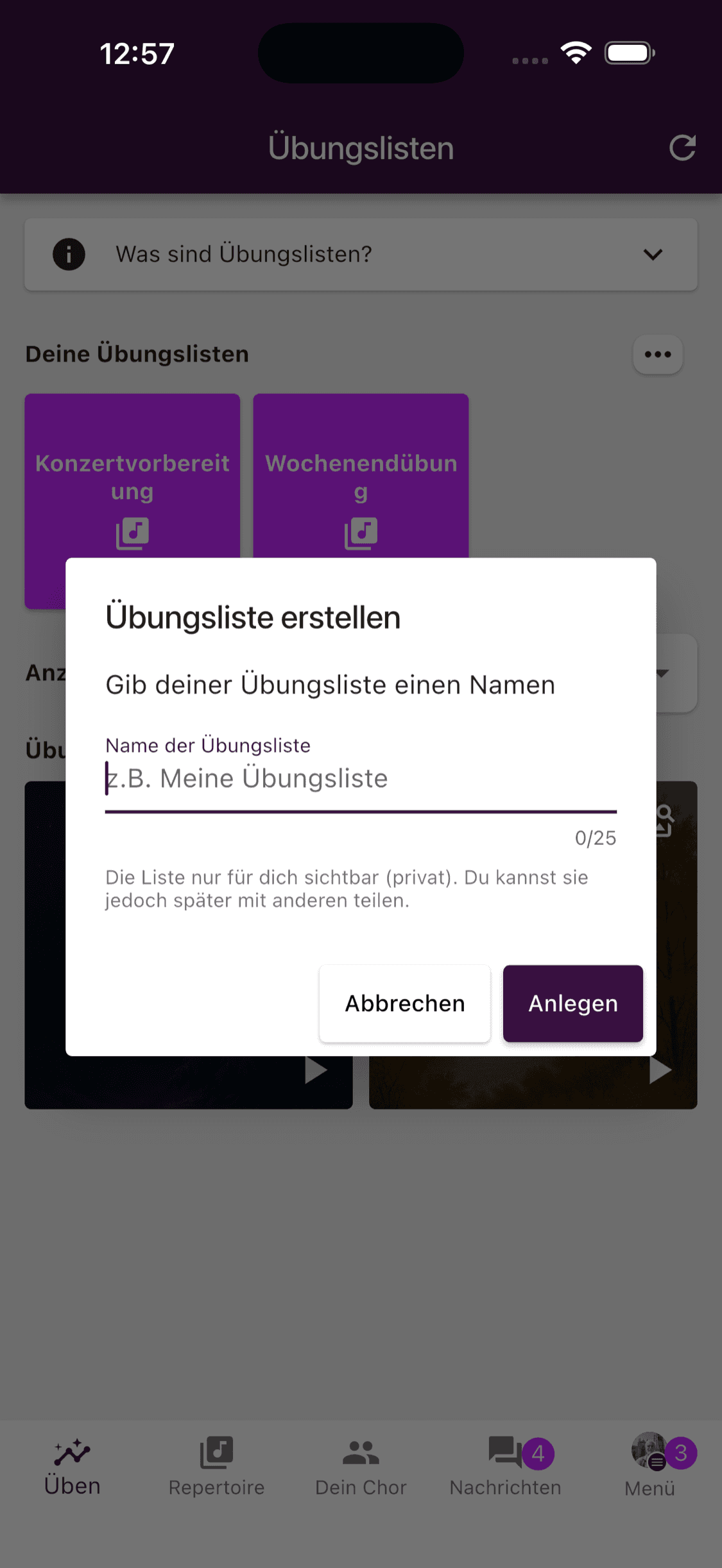 Eine persönliche Übungsliste in der ChoirMate-App erstellen
