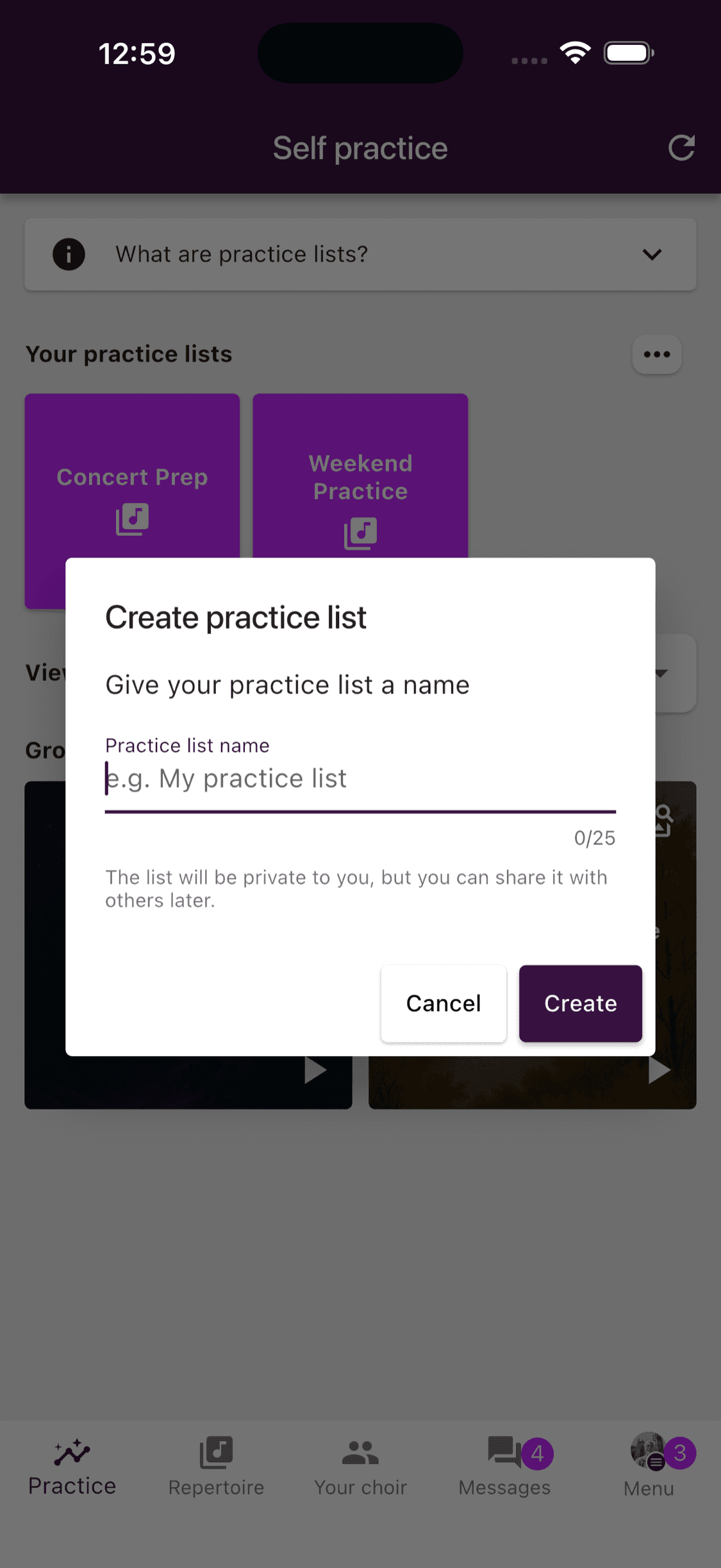Creating a personal practice list in the ChoirMate app