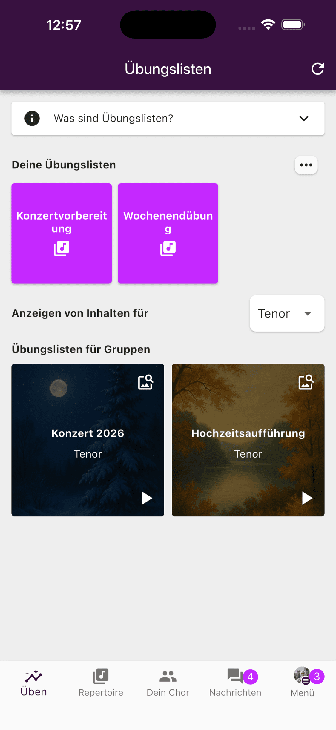 Persönliche Übungslisten und Gruppenübungslisten in der ChoirMate-App