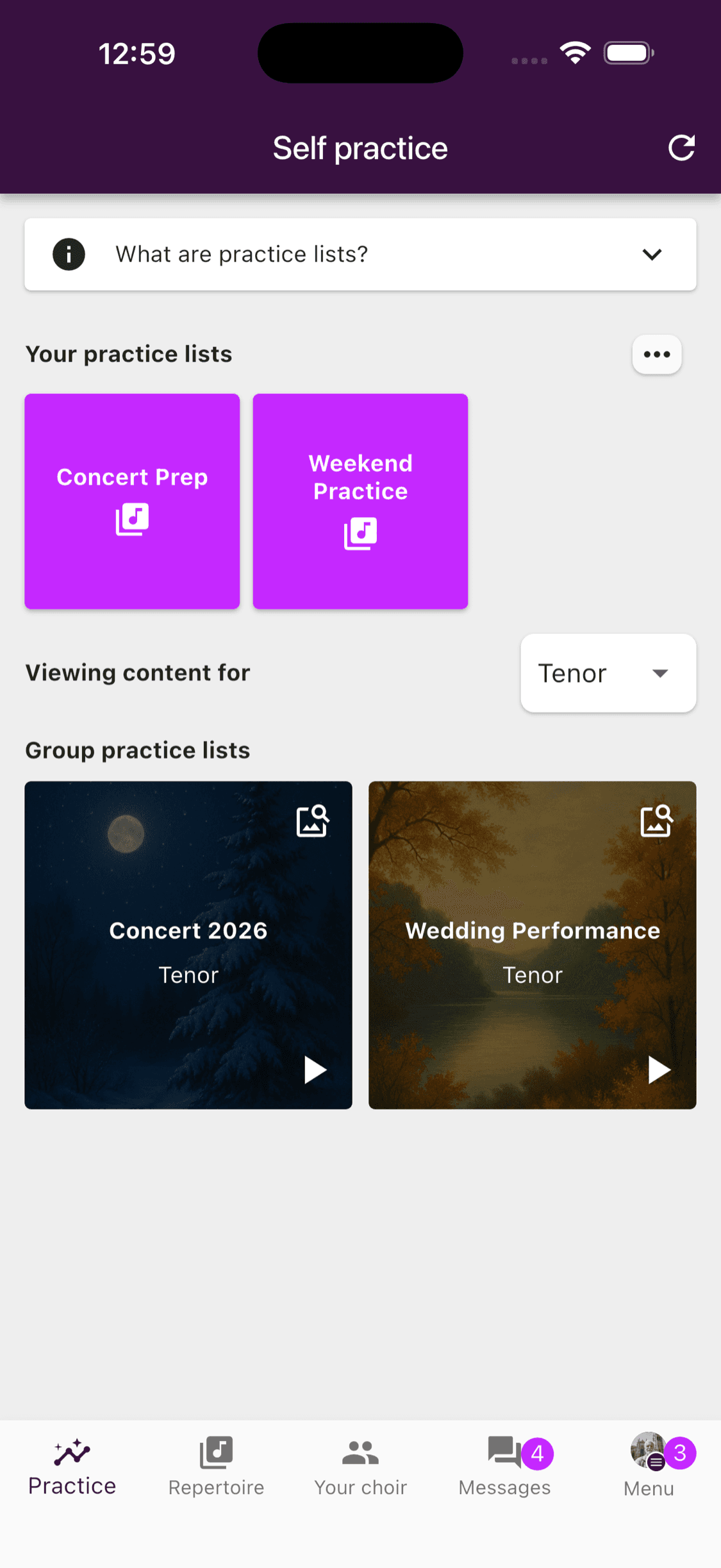Personal and group practice lists in the ChoirMate app