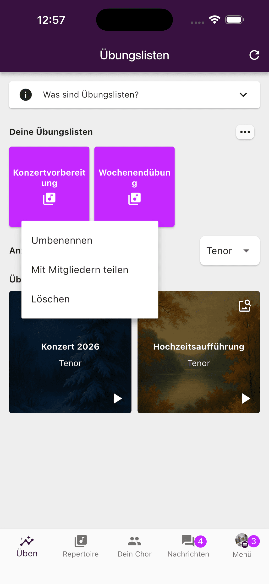 Aktionen zum Umbenennen, Teilen und Löschen einer persönlichen Übungsliste in der ChoirMate-App