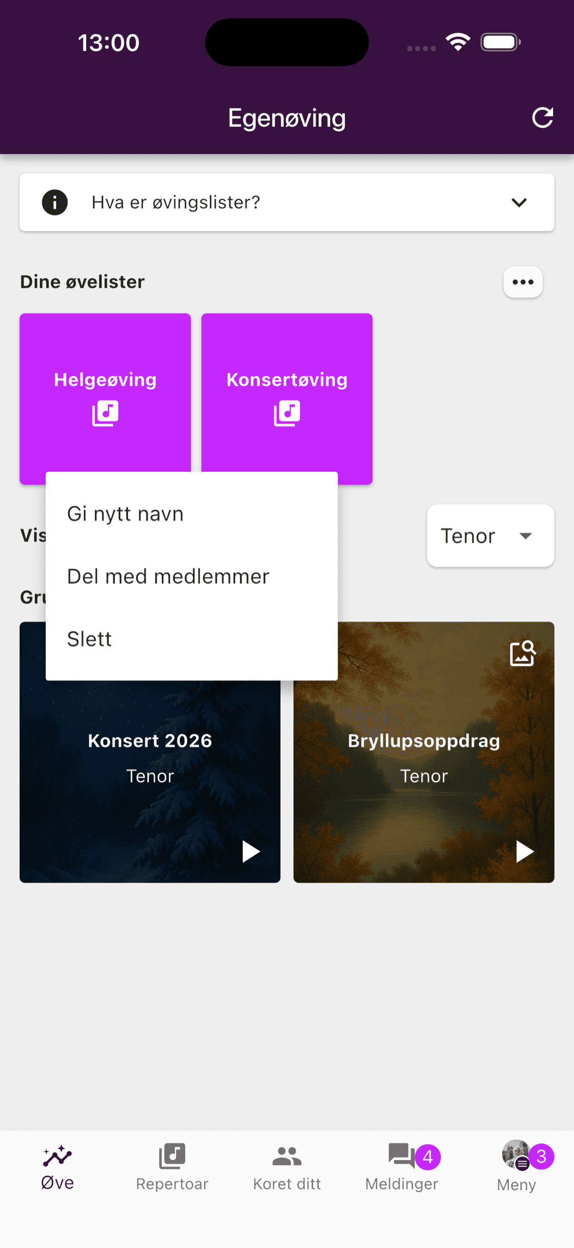 Handlinger for å gi nytt navn, dele og slette en personlig øveliste i ChoirMate-appen