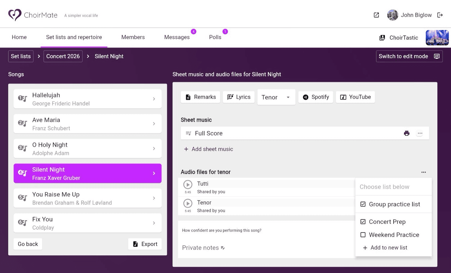 Choosing personal practice lists for a recording in ChoirMate Web