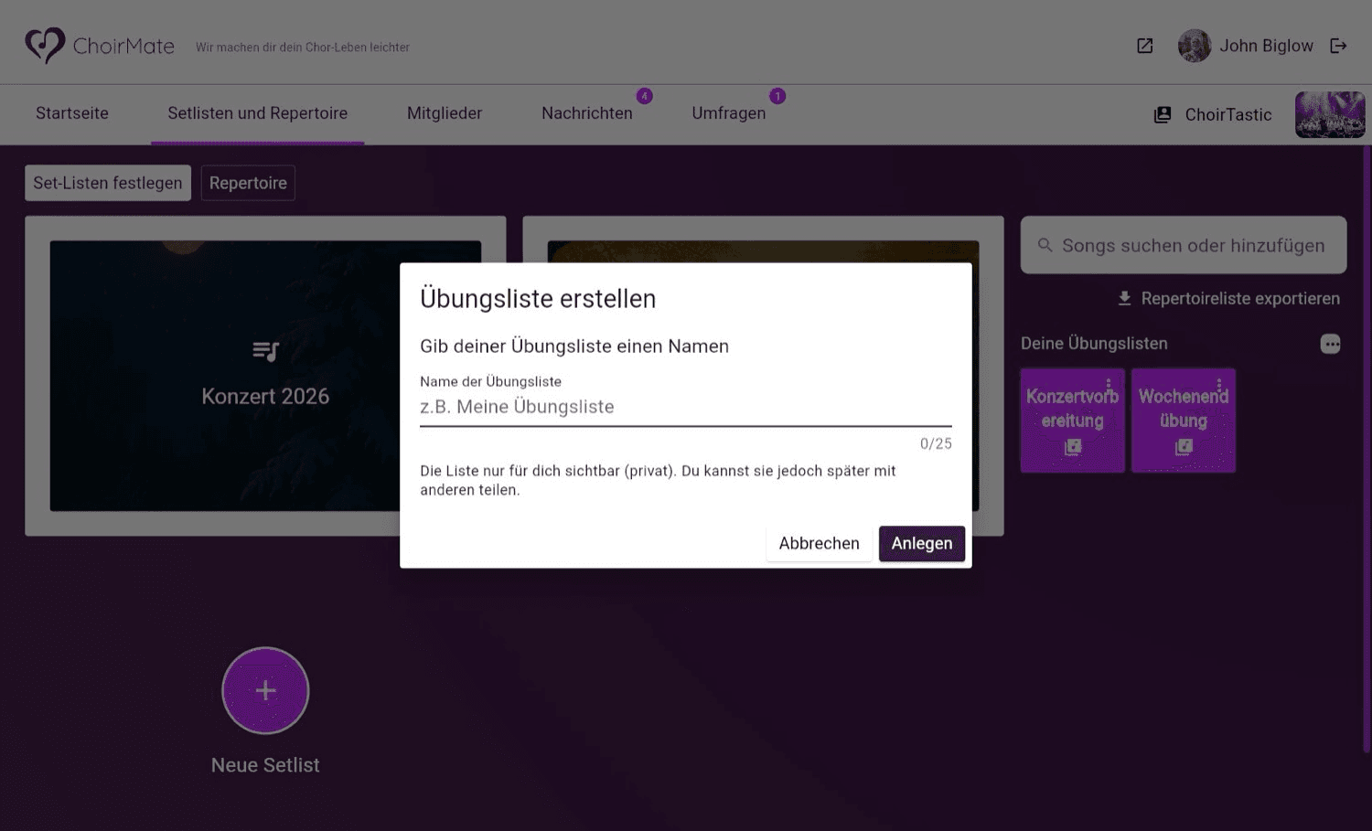 Eine persönliche Übungsliste in ChoirMate Web erstellen