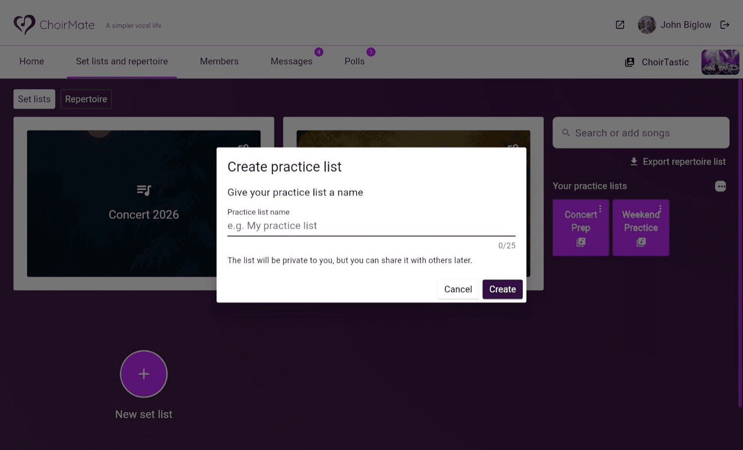 Creating a personal practice list in ChoirMate Web