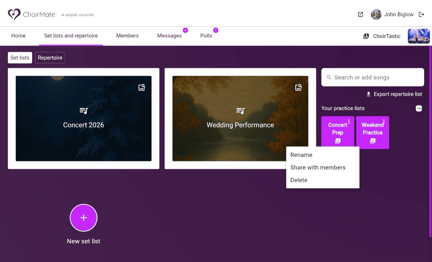Rename, share, and delete actions for a personal practice list in ChoirMate Web