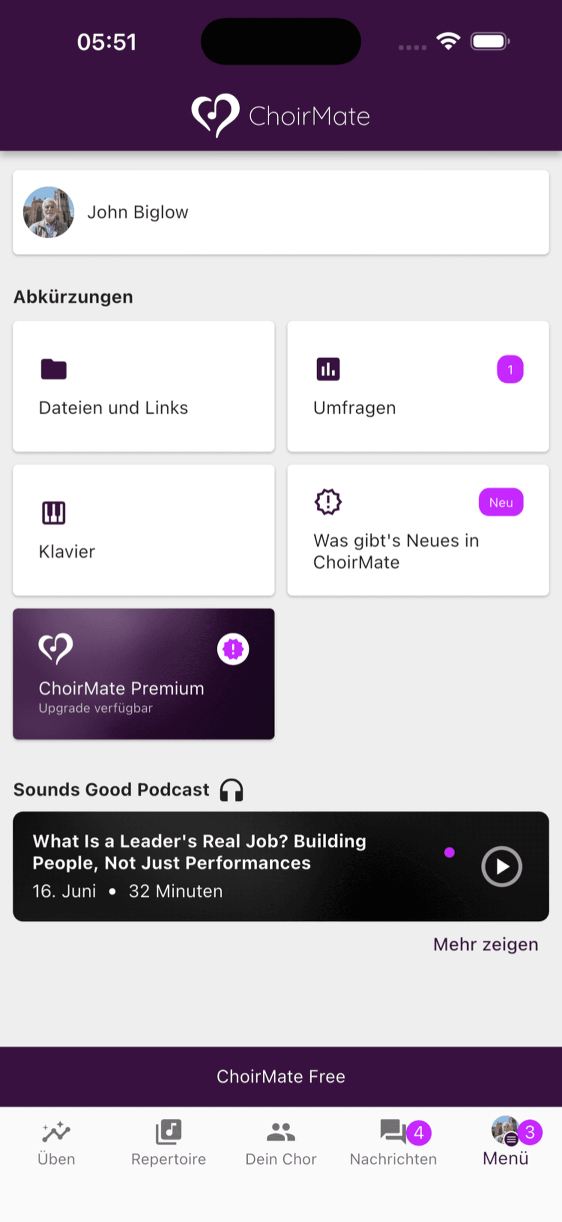Die Upgrade-Karte für ChoirMate Premium im App-Menü