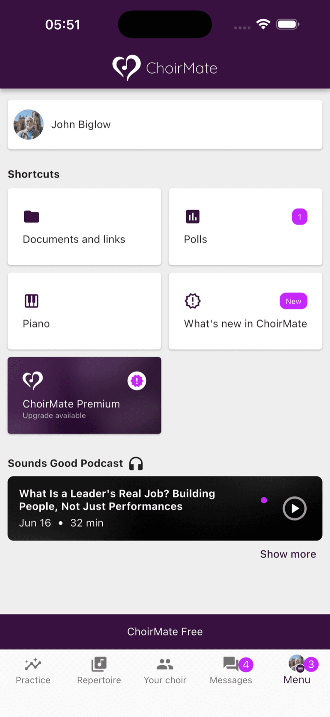 The ChoirMate Premium upgrade card in the app menu