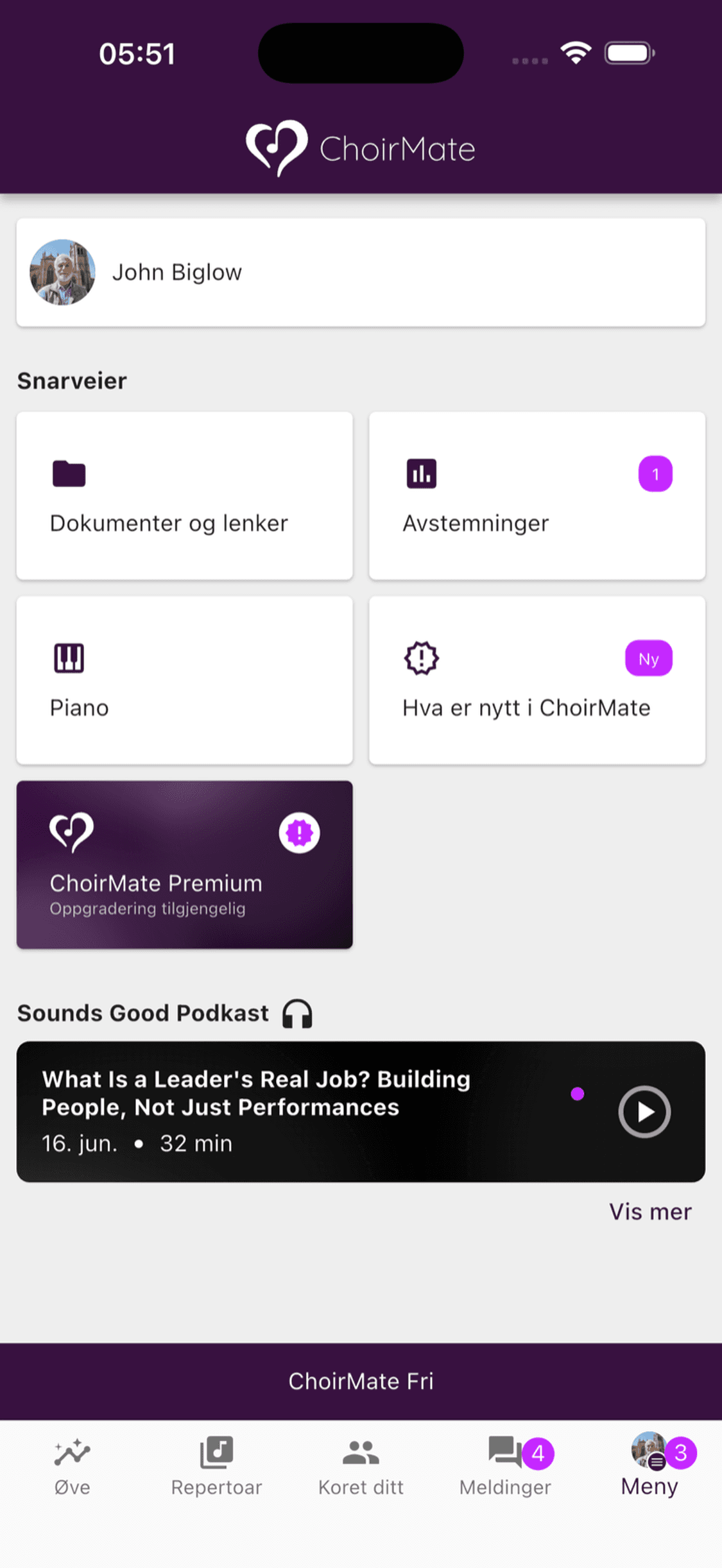 Kortet for oppgradering til ChoirMate Premium i appmenyen