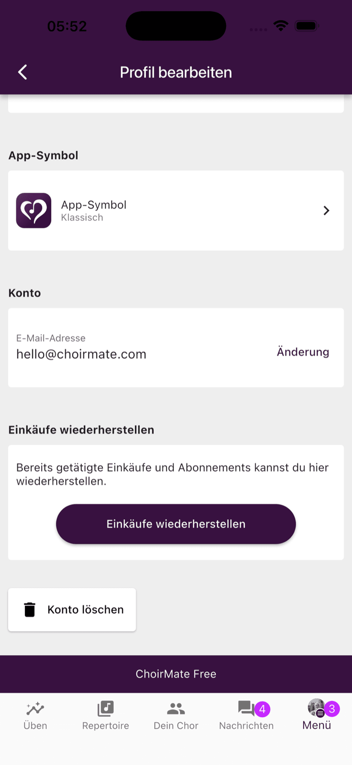 Die Funktion zum Wiederherstellen von Einkäufen in den ChoirMate-Profileinstellungen