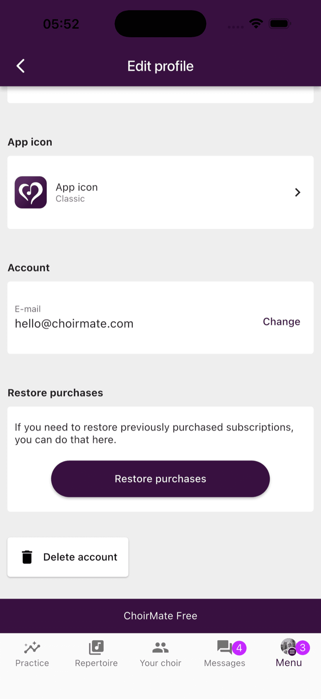 The Restore purchases control in ChoirMate profile settings