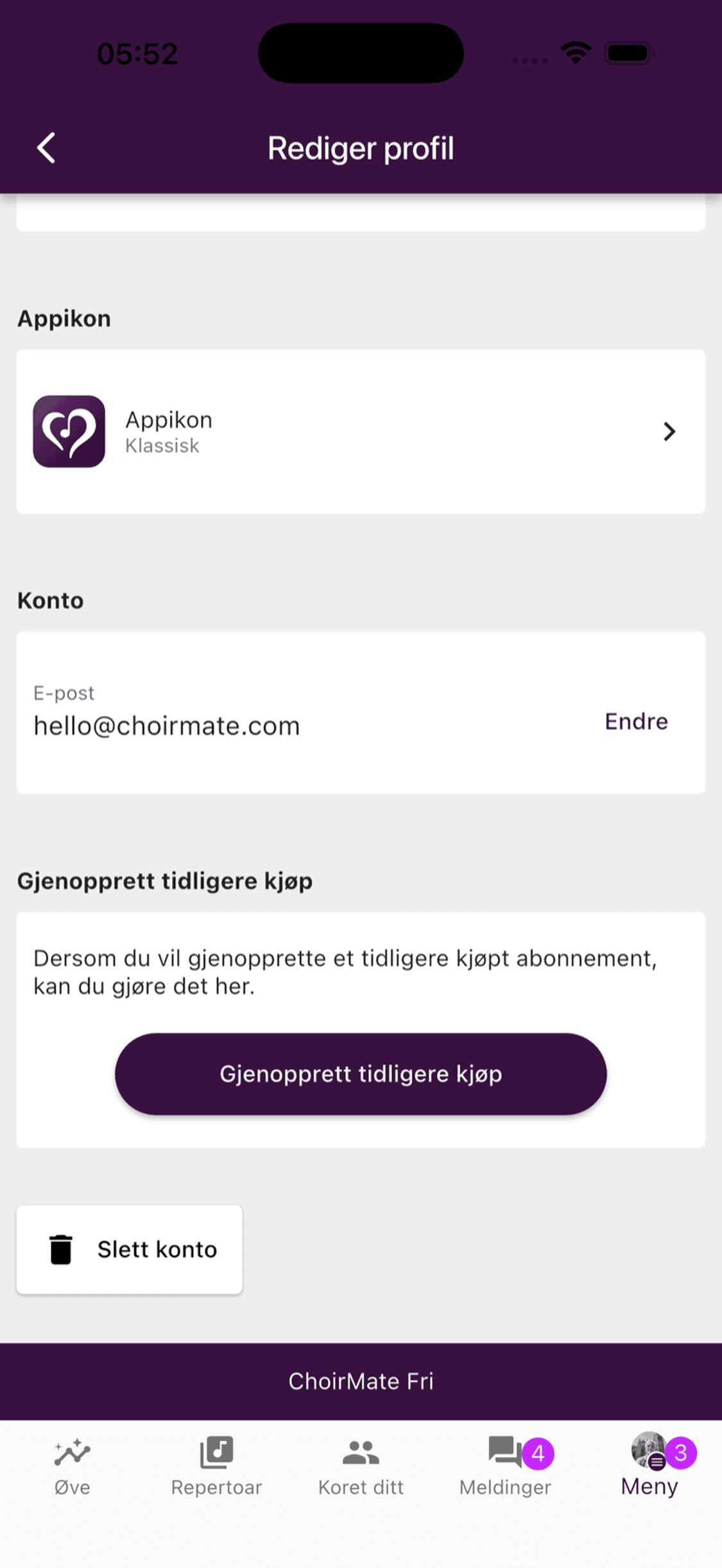 Kontrollen for å gjenopprette tidligere kjøp i profilinnstillingene i ChoirMate