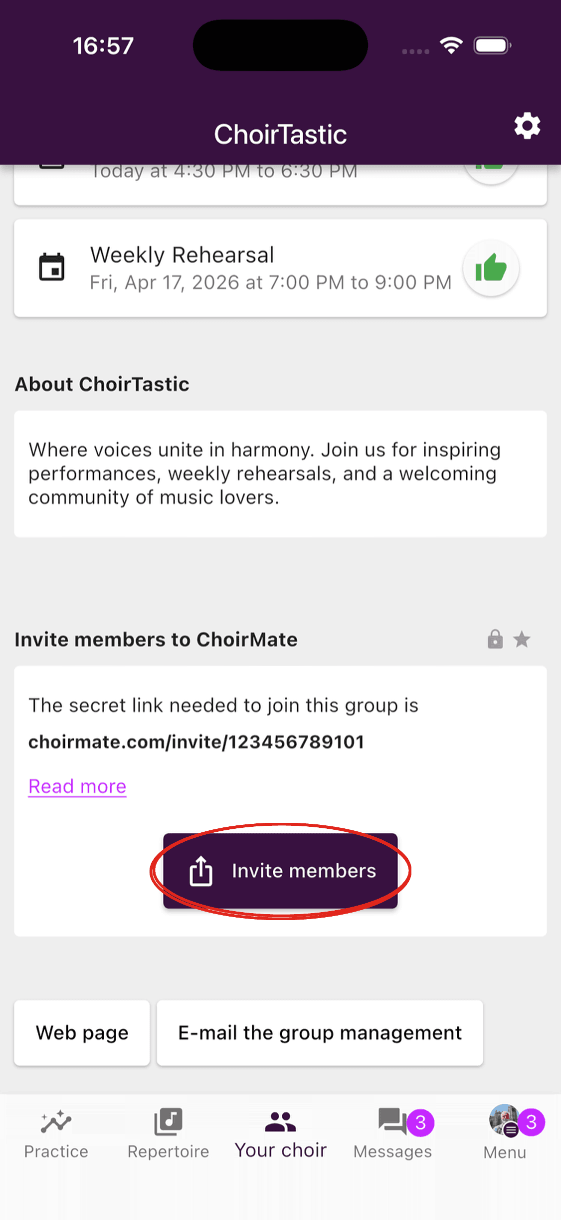 The invitation link and code in the ChoirMate app