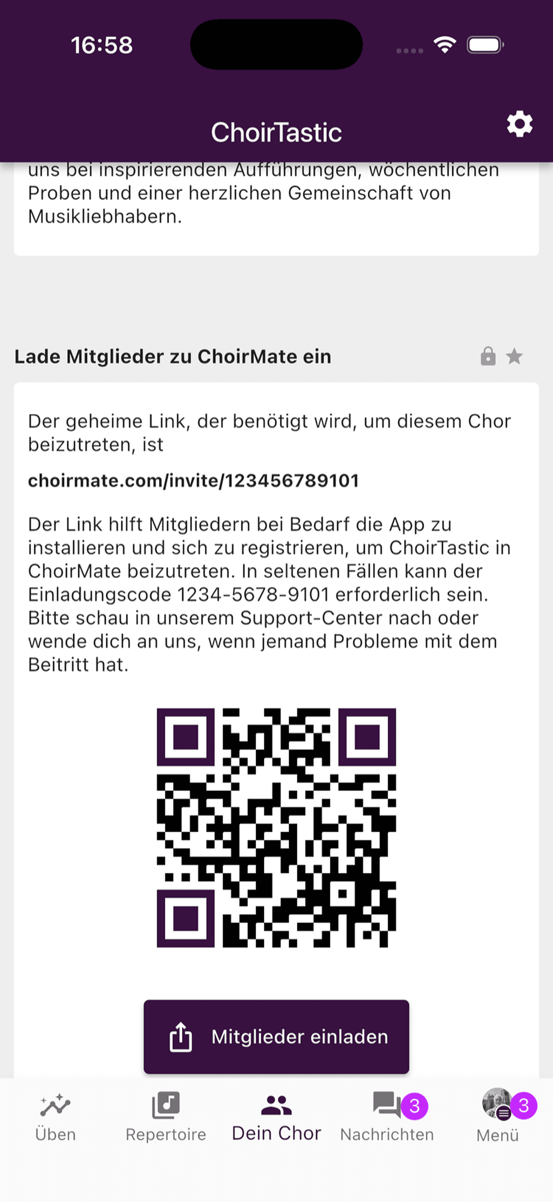 Der QR-Code der Choreinladung in der App
