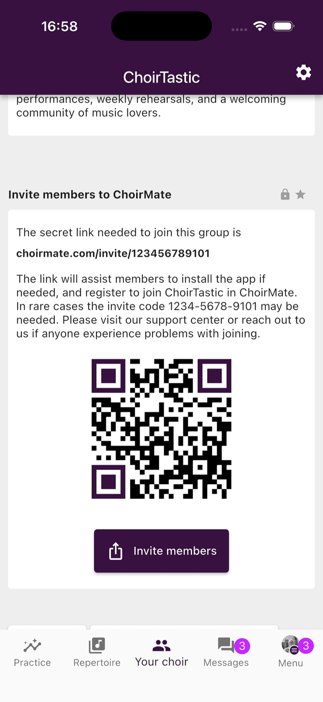 The choir invitation QR code in the app