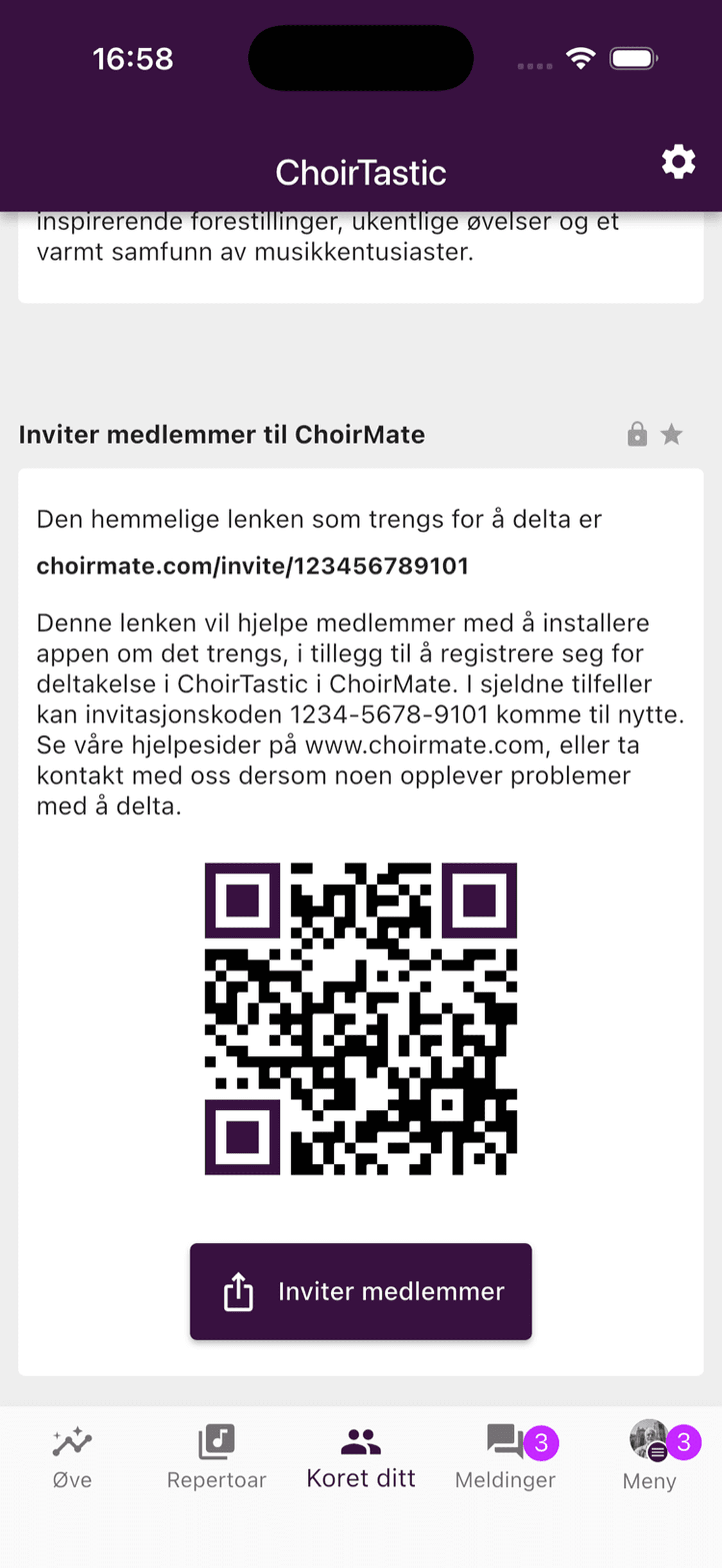 Korets invitasjonskode som QR-kode i appen