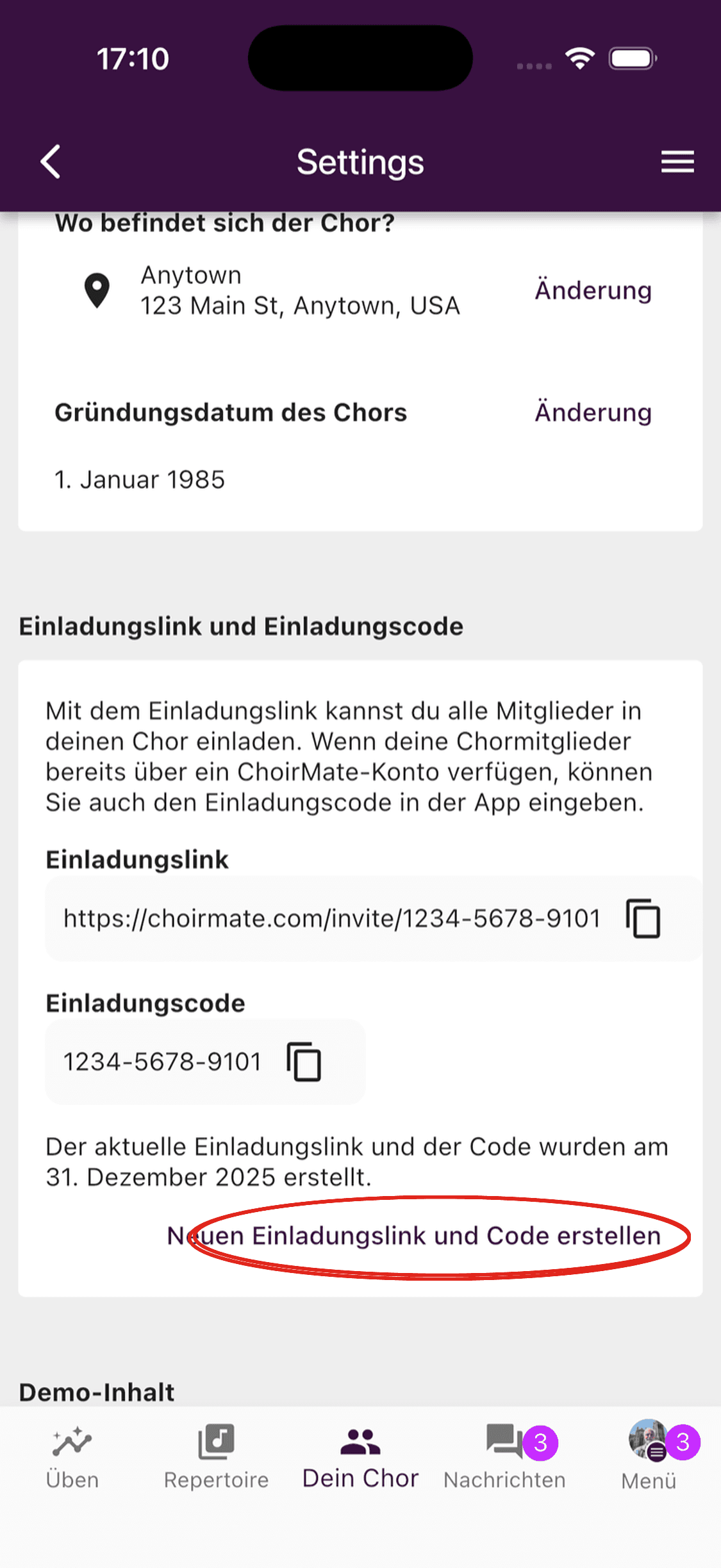 Die Option zum Erstellen eines neuen Einladungslinks und Codes für den Chor