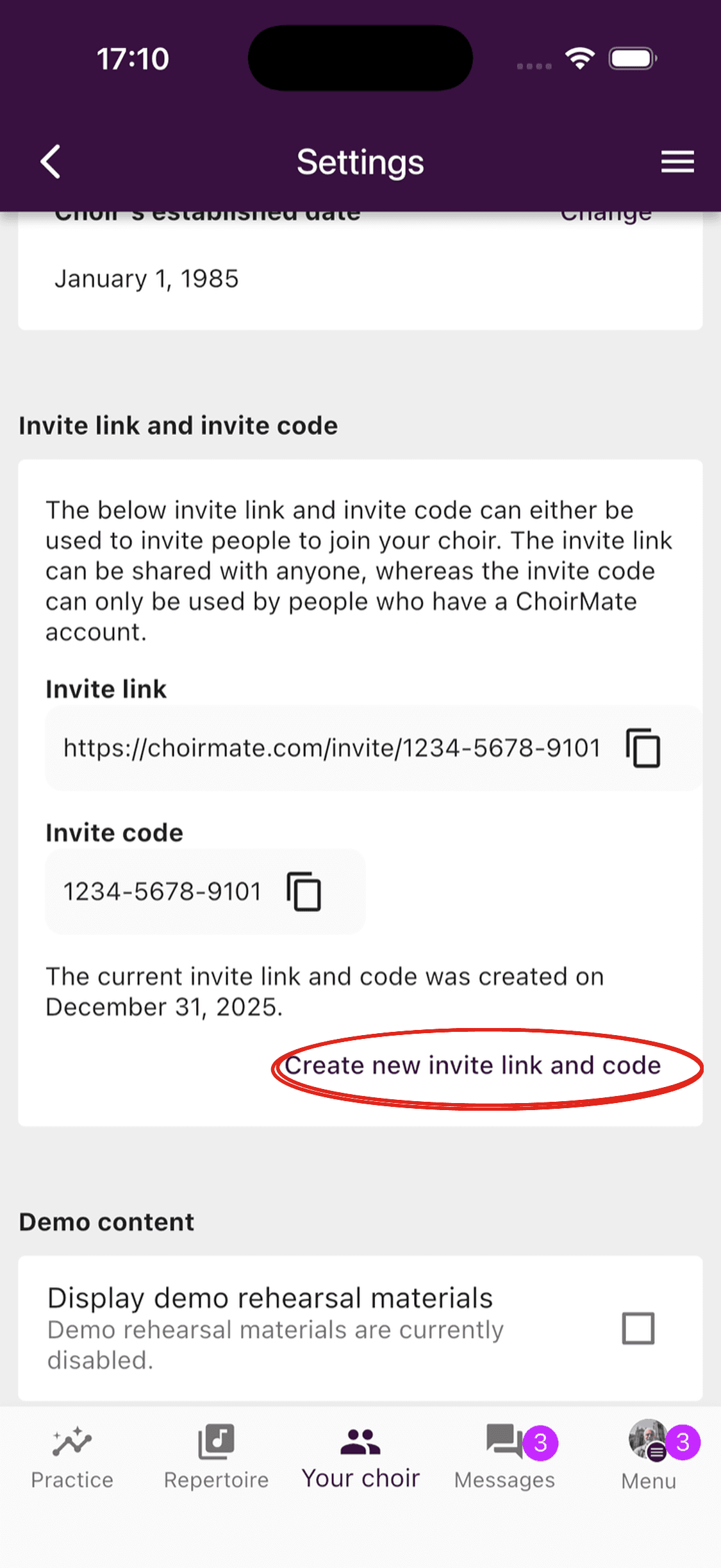 The option to create a new choir invitation link and code