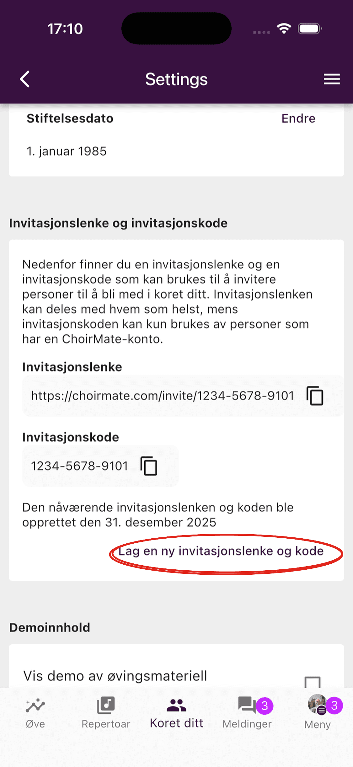 Valget for å opprette ny invitasjonslenke og kode til koret