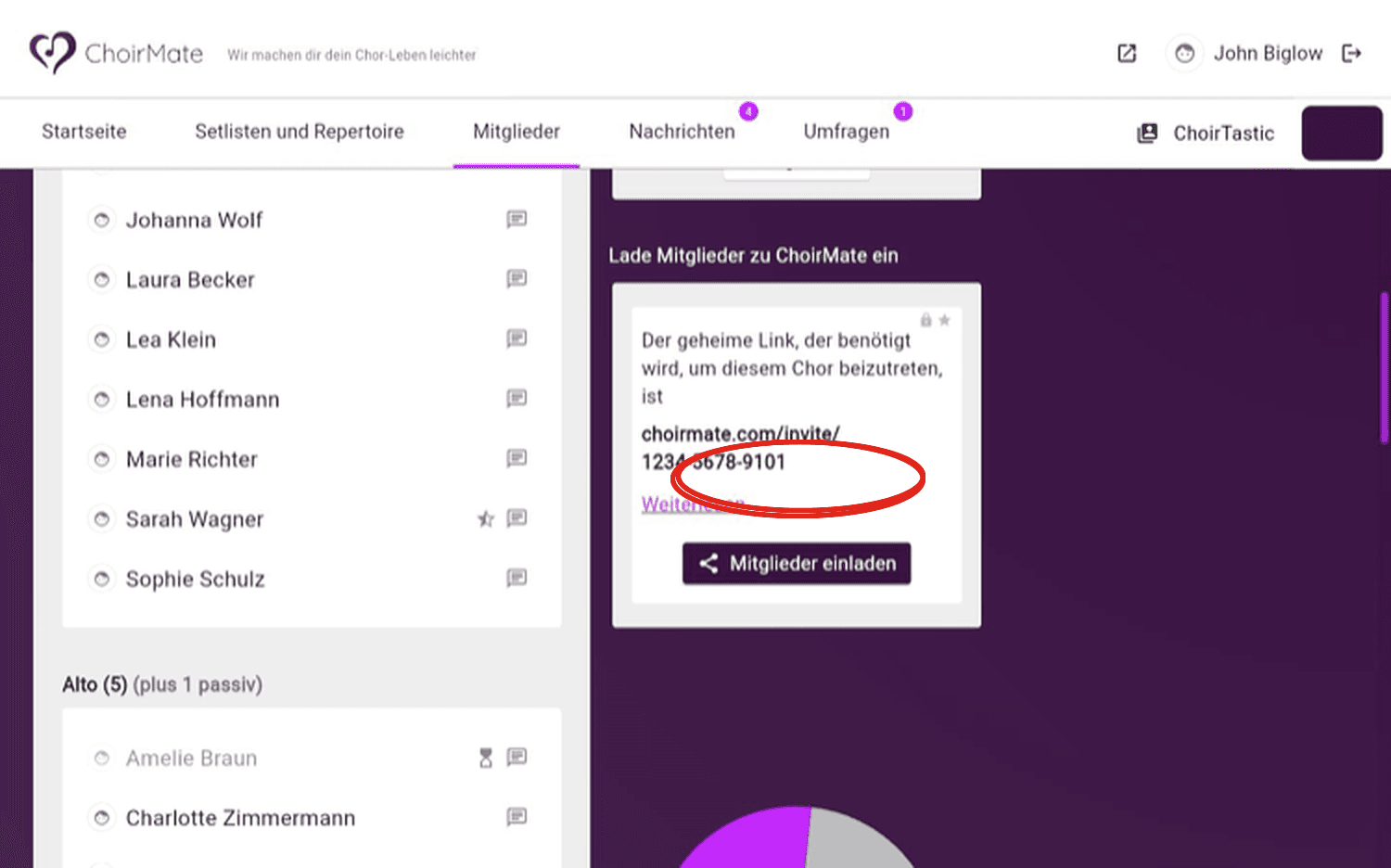 Der Bereich für Mitgliedereinladungen in ChoirMate auf einem Laptop