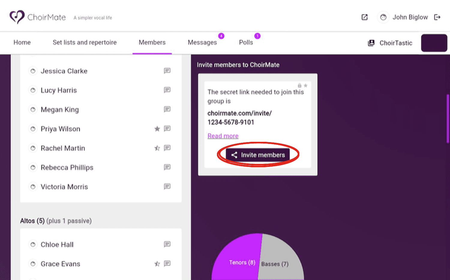 The member invitation panel in ChoirMate on a laptop