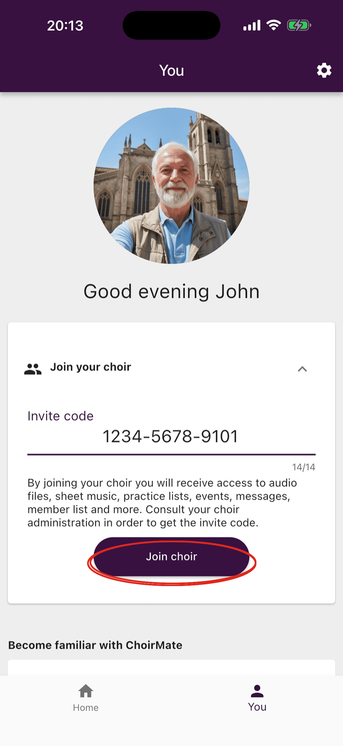 The invitation code entered in the Join your choir section