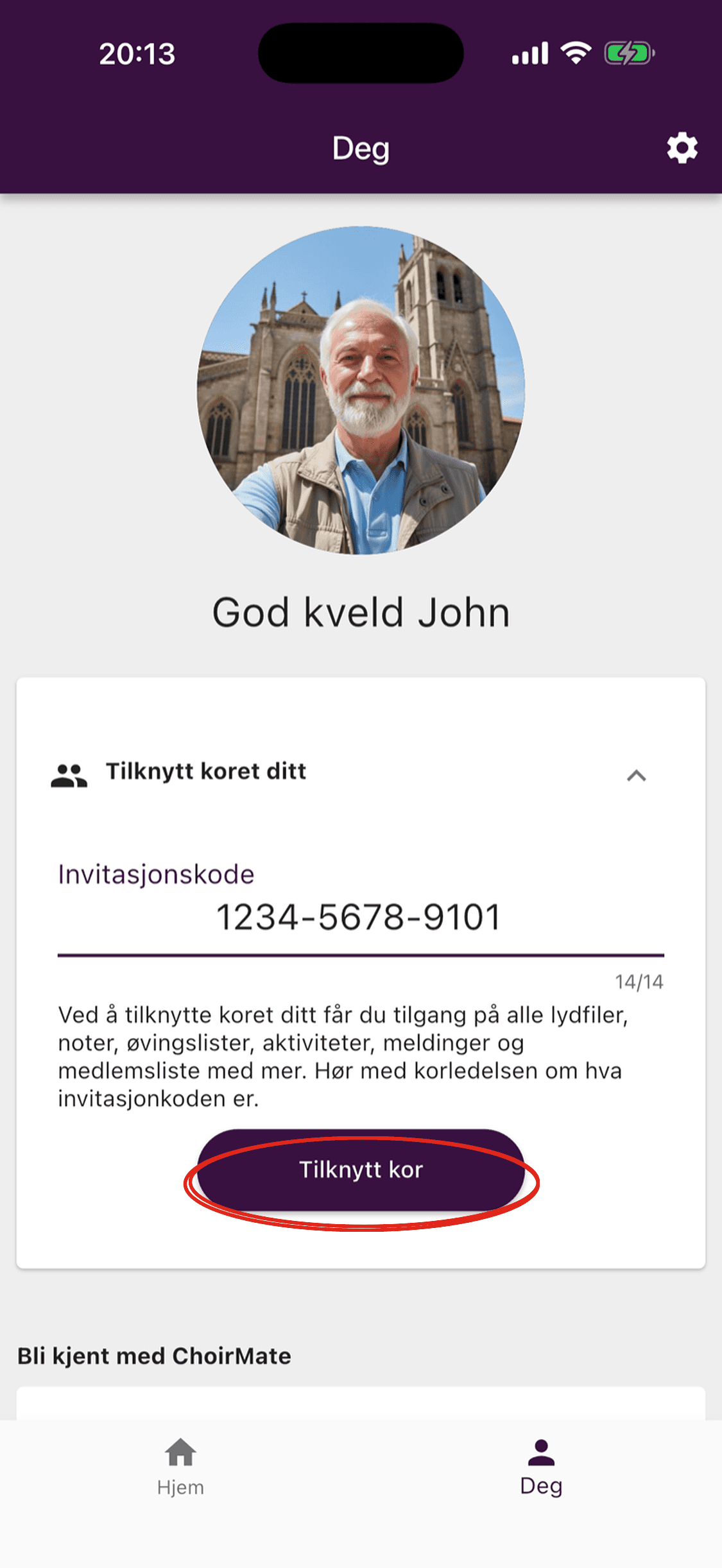 Invitasjonskoden skrevet inn under Tilknytt koret ditt