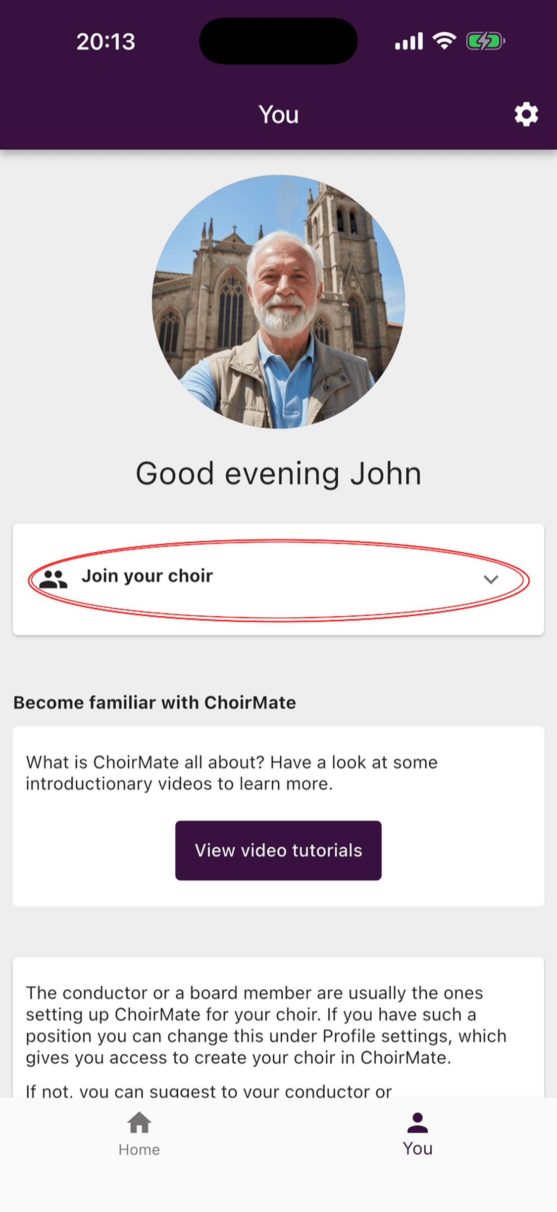 Join your choir on the ChoirMate profile screen