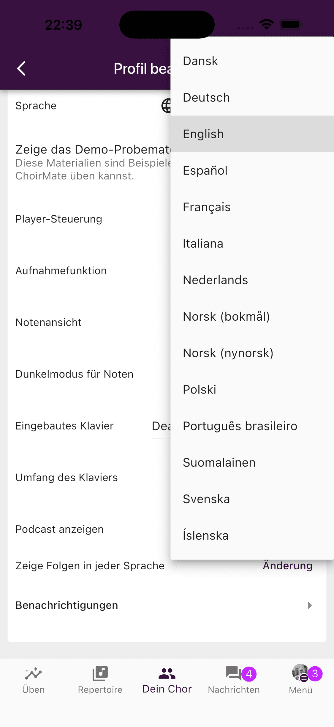 Die Sprachauswahl in der ChoirMate-App